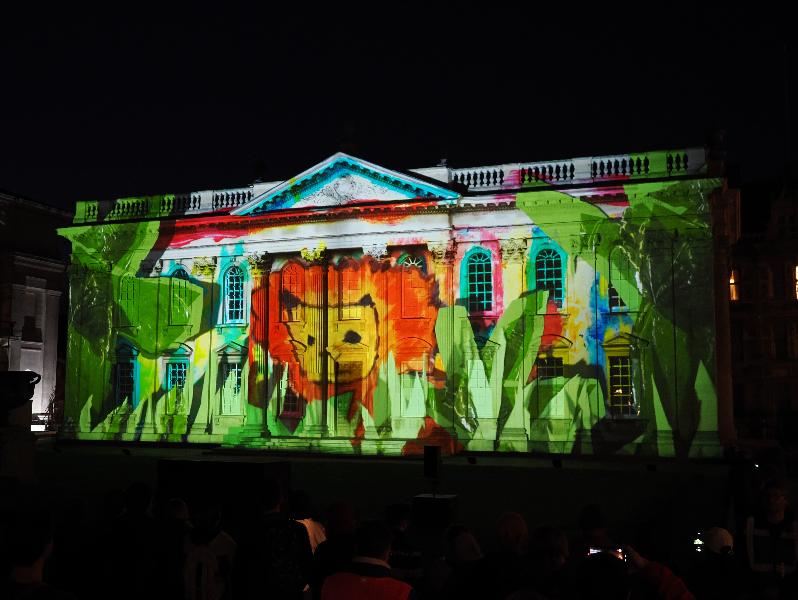 Cambridge, England: Senate House: Carnival! (part of Cambridge Music Festival, lightshow produced by Novak, using artwork by students from Castle, Arbury, St Matthews and Galfrid primary schools during workshops led by Hilary Cox-Condron)