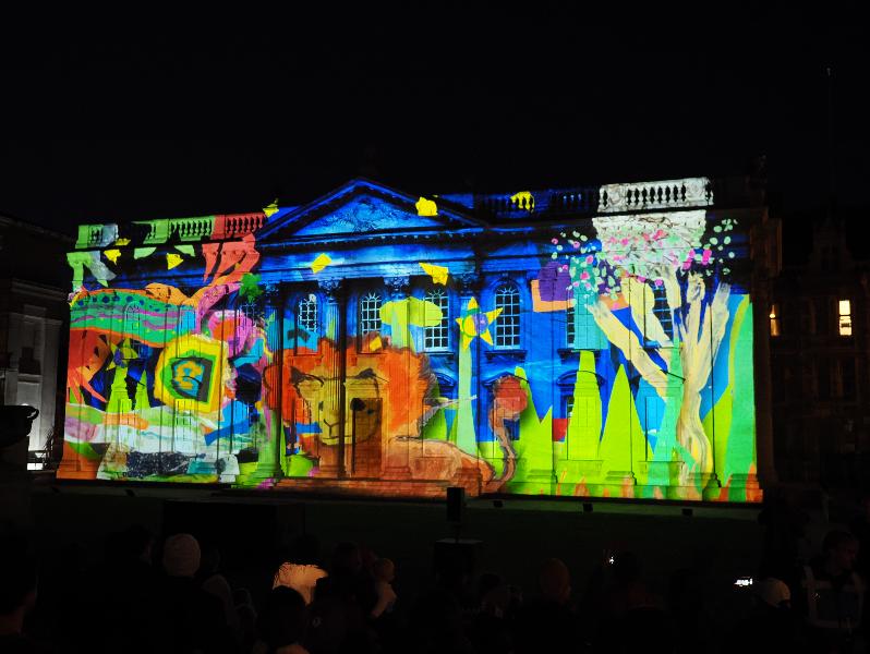 Cambridge, England: Senate House: Carnival! (part of Cambridge Music Festival, lightshow produced by Novak, using artwork by students from Castle, Arbury, St Matthews and Galfrid primary schools during workshops led by Hilary Cox-Condron)