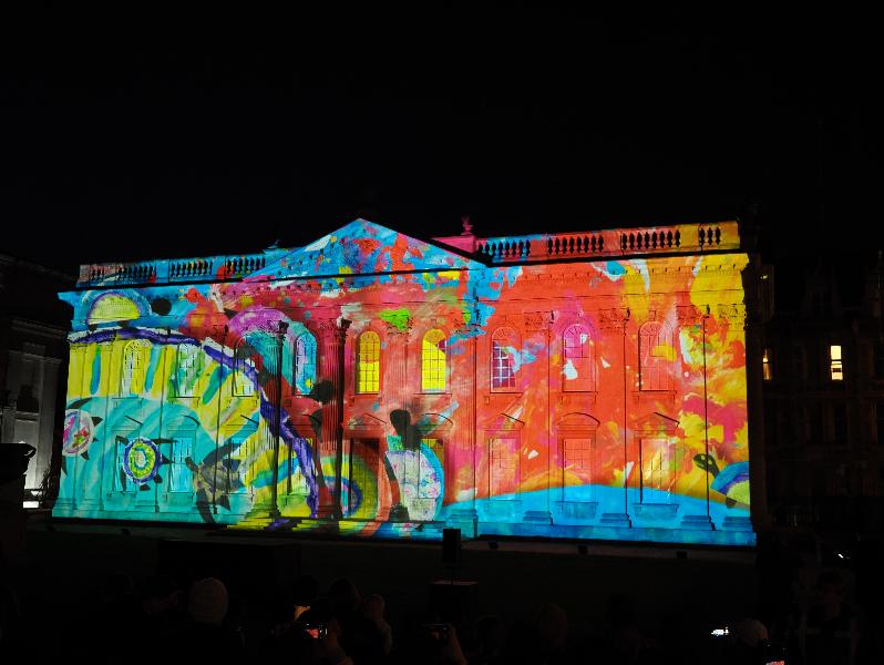 Cambridge, England: Senate House: Carnival! (part of Cambridge Music Festival, lightshow produced by Novak, using artwork by students from Castle, Arbury, St Matthews and Galfrid primary schools during workshops led by Hilary Cox-Condron)