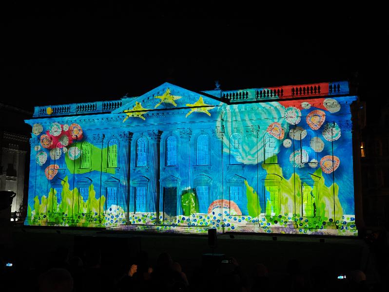 Cambridge, England: Senate House: Carnival! (part of Cambridge Music Festival, lightshow produced by Novak, using artwork by students from Castle, Arbury, St Matthews and Galfrid primary schools during workshops led by Hilary Cox-Condron)