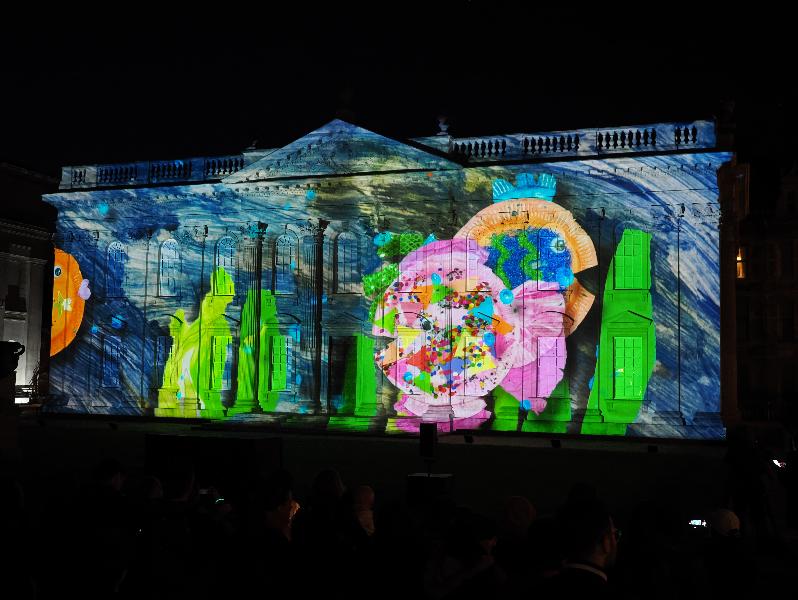 Cambridge, England: Senate House: Carnival! (part of Cambridge Music Festival, lightshow produced by Novak, using artwork by students from Castle, Arbury, St Matthews and Galfrid primary schools during workshops led by Hilary Cox-Condron)