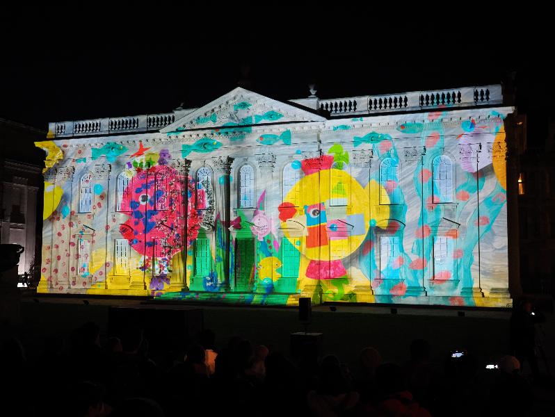 Cambridge, England: Senate House: Carnival! (part of Cambridge Music Festival, lightshow produced by Novak, using artwork by students from Castle, Arbury, St Matthews and Galfrid primary schools during workshops led by Hilary Cox-Condron)
