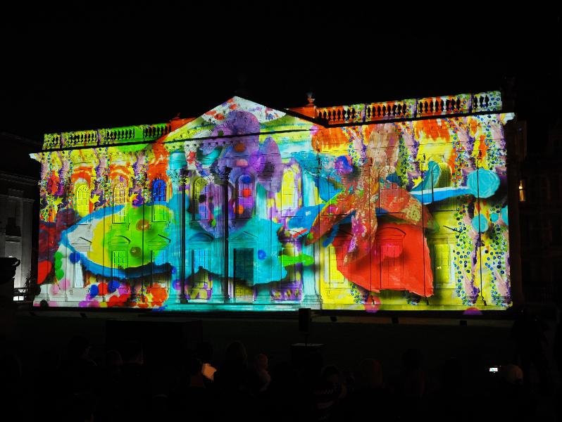 Cambridge, England: Senate House: Carnival! (part of Cambridge Music Festival, lightshow produced by Novak, using artwork by students from Castle, Arbury, St Matthews and Galfrid primary schools during workshops led by Hilary Cox-Condron)