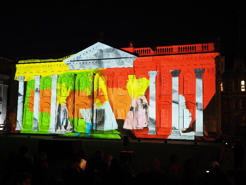 Cambridge, England: Senate House: Carnival! (part of Cambridge Music Festival, lightshow produced by Novak, using artwork by students from Castle, Arbury, St Matthews and Galfrid primary schools during workshops led by Hilary Cox-Condron)