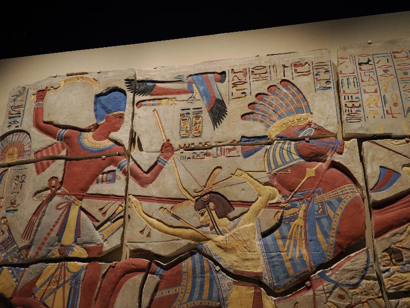 London, England: British Museum: King Sety I defeats Libyans, plaster cast, detail (1830-1849, Karnak)