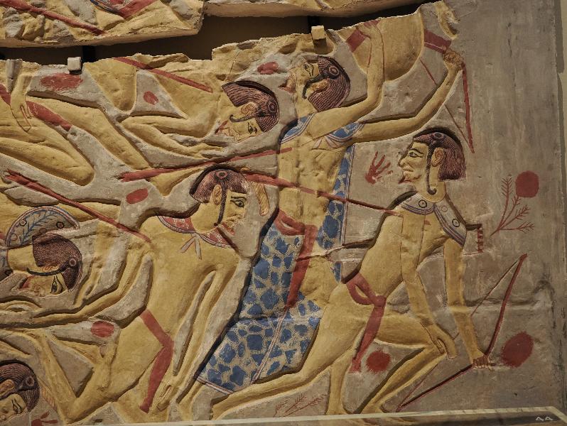 London, England: British Museum: King Sety I defeats Libyans, plaster cast, detail (1830-1849, Karnak)