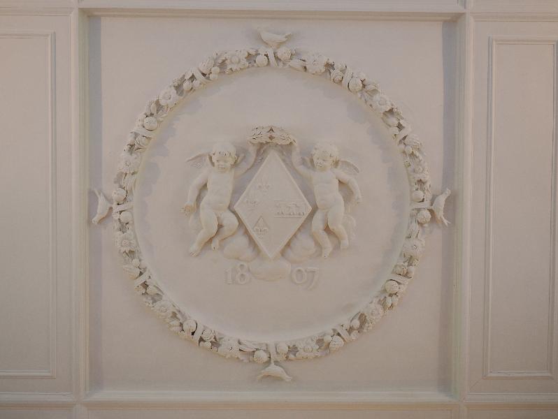 Cambridge, England: Pembroke College: dining hall, ceiling decoration