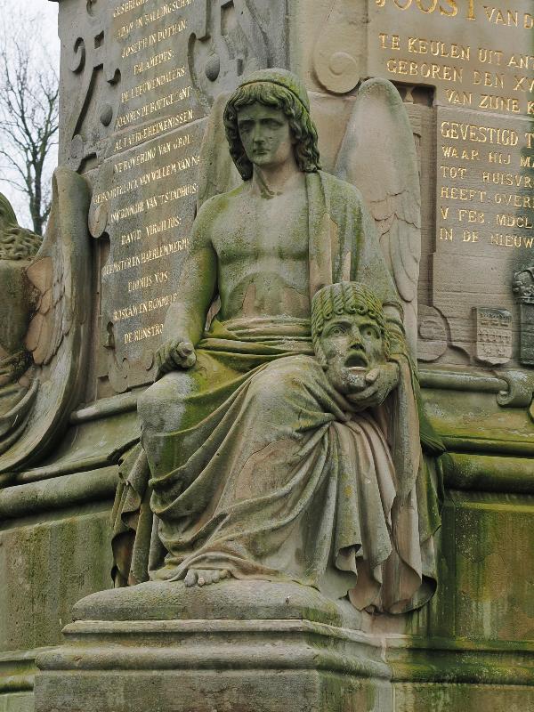 Amsterdam, Netherlands: Vondelpark: Joost van den Vondel Statue (1867, Louis Royer), angel with theatre mask