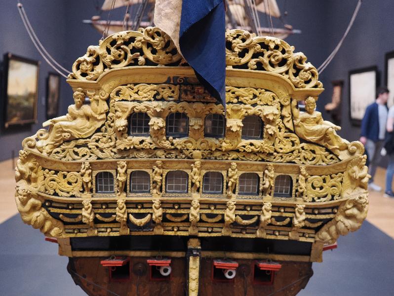 Amsterdam, Netherlands: Rijksmuseum: Model of the William Rex (1698, Adriaen de Vriend, Adriaen Davidsen, Cornelis Moerman), stern decoration