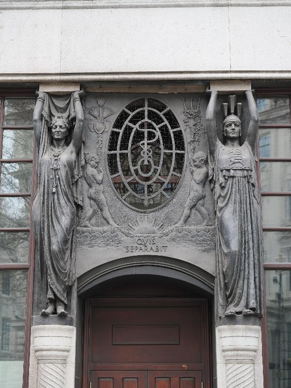 London, England: Cockspur Street, Bank of Scotland (formerly P&O): Britain & The Orient (1908, Ernest Gillick)