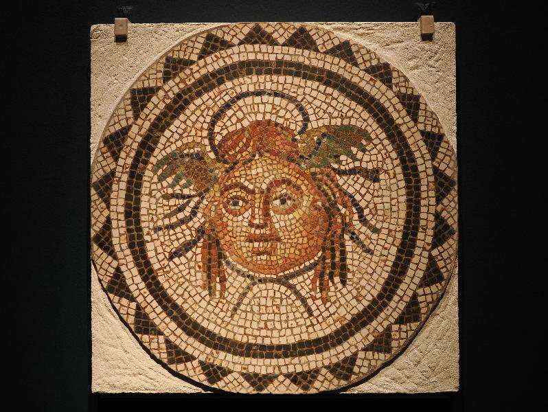 London, England: Royal Academy: Head of Medusa, mosaic panel (ca. AD 175-225, Roman, Canania, Alcolea del Rio, Carmona, Seville)