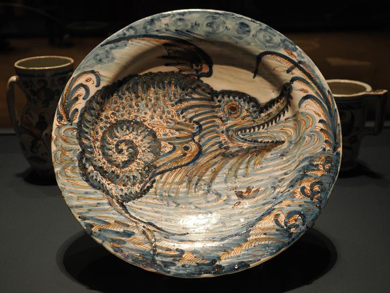 London, England: Royal Academy: Plate with Jonah and the Whale (ca. 1600, Talavera de la Reina, Toledo)