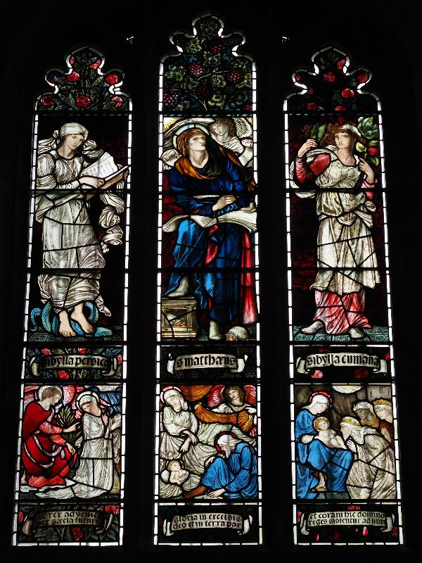 Cambridge, England: Jesus College: chapel, south transept, east wall, north window (Persian sibyl / St Matthew / Cumaean sibyl // Annuciation to the Blessed Virgin Mary / Adoration of the Christ-child by Mary and Joseph / Adoration of the Magi, 1873, Morris & Co)