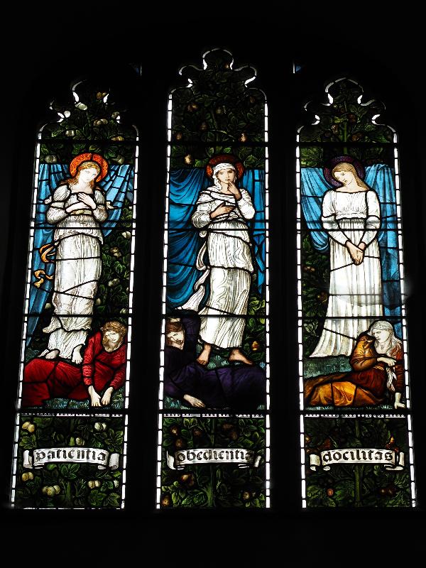 Cambridge, England: Jesus College: chapel, north transept, west wall, south window (Virtues: Patience, Obedience and Docility, 1876, Morris & Co)
