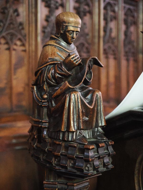 Cambridge, England: Jesus College: chapel, carved stall figure