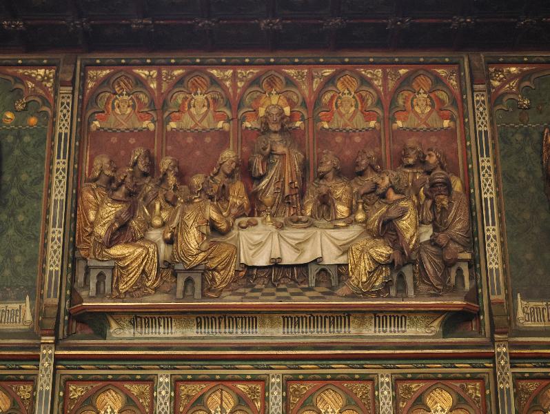 Cambridge, England: St Michael's Church: reredos, Last Supper (1868, designed by George Gilbert Scott, Jr, carving by Michael Abeloos)
