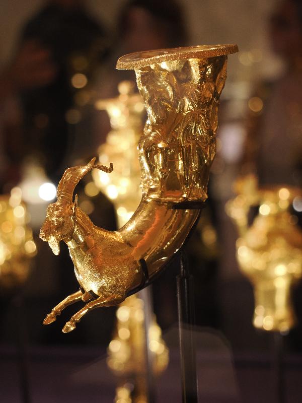 London, England: British Museum: Gold goat rhyton (about 350-275 BC, Panagyurishte, Bulgaria)