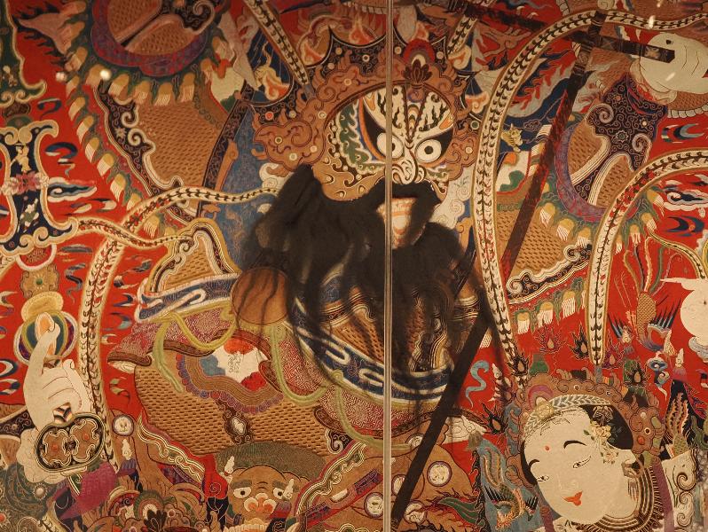 London, England: British Museum: Monumental hanging (silk and metallic thread embroidery on plain-weave wool with animal fibres, 1800-1900, China)
