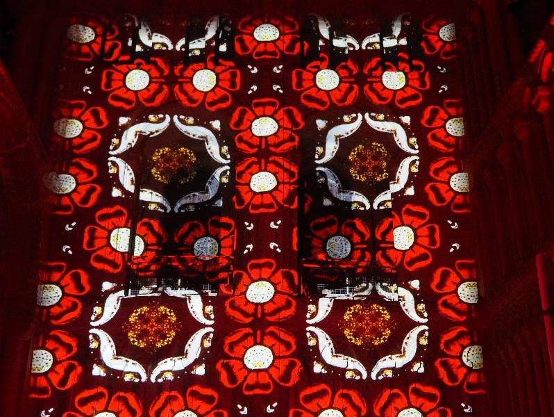 Ely, England: Ely Cathedral: red rose pattern (Crown and Coronation, by Luxmuralis, originally shown at Tower of London, Nov 2023)