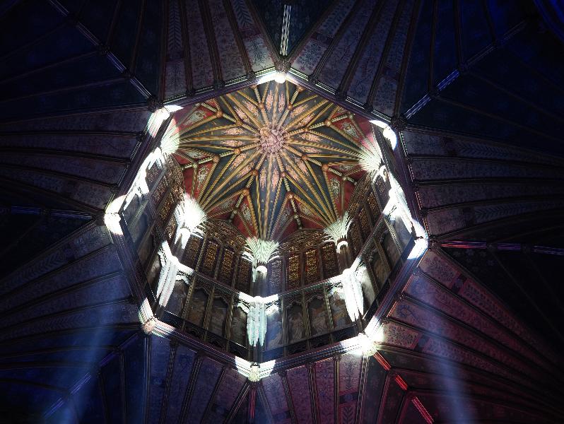 Ely, England: Ely Cathedral: Octagon Tower lantern, lit up (Crown and Coronation, by Luxmuralis, originally shown at Tower of London, Nov 2023)