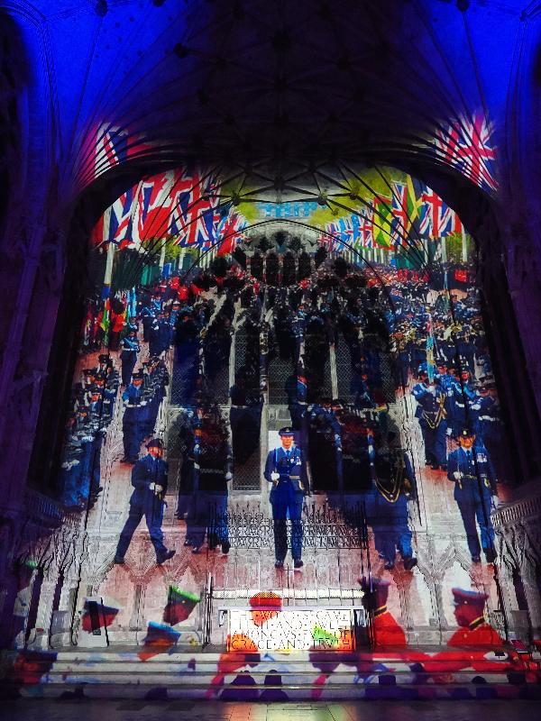 Ely, England: Ely Cathedral: military parade (Crown and Coronation, by Luxmuralis, originally shown at Tower of London, Nov 2023)