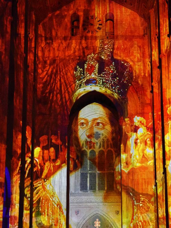 Ely, England: Ely Cathedral: Queen Victoria (Crown and Coronation, by Luxmuralis, originally shown at Tower of London, Nov 2023)