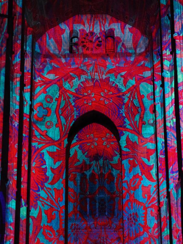 Ely, England: Ely Cathedral: red and blue design (Crown and Coronation, by Luxmuralis, originally shown at Tower of London, Nov 2023)