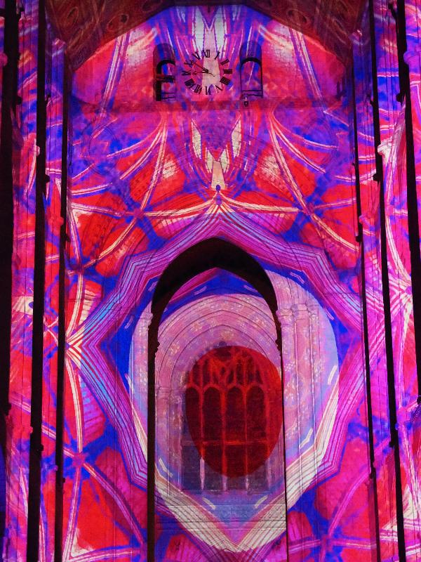 Ely, England: Ely Cathedral: red, white and blue design (Crown and Coronation, by Luxmuralis, originally shown at Tower of London, Nov 2023)