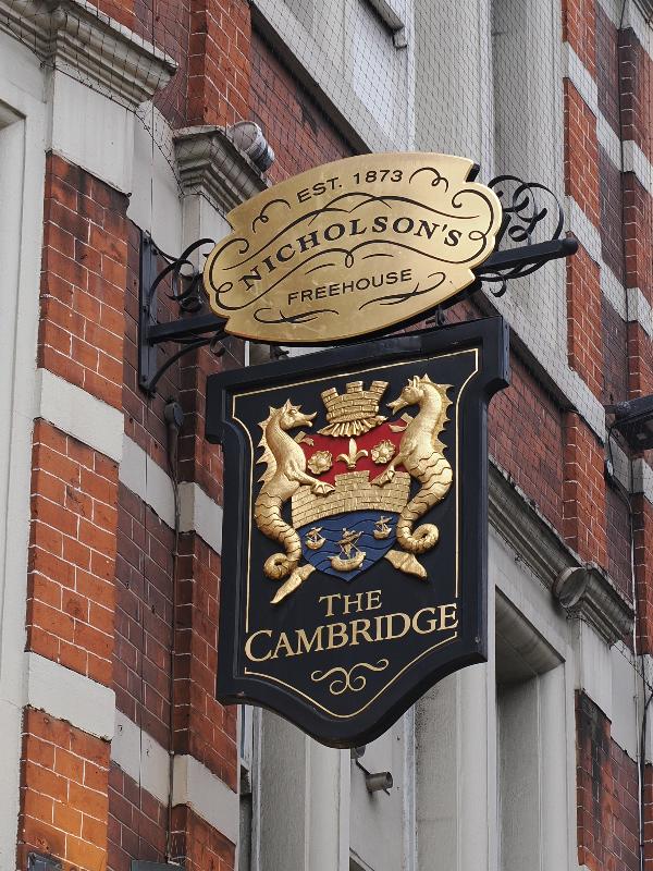 London, England: Charing Cross Road: The Cambridge pub, sign