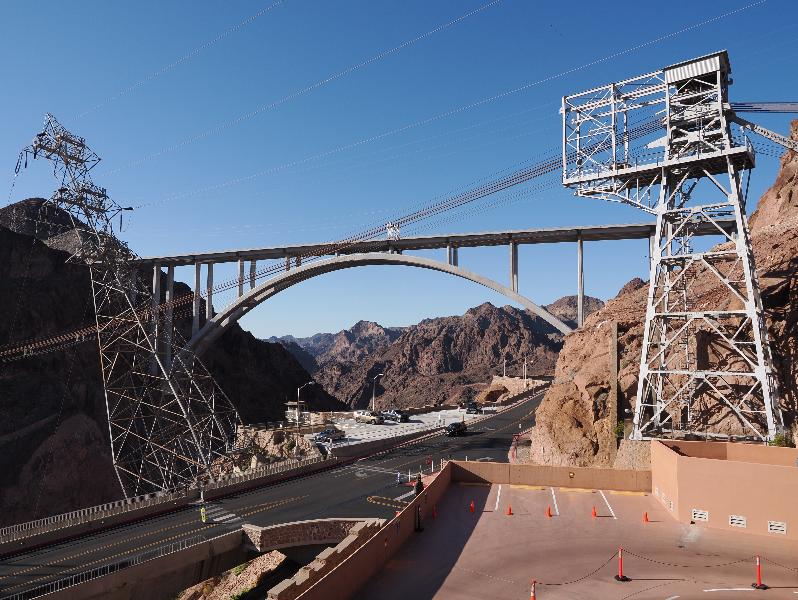 Hoover Dam, Nevada (NV) / Arizona (AZ): Hoover Dam Access Road: pylons, and Mike O'Callaghan - Pat Tillman Memorial Bridge