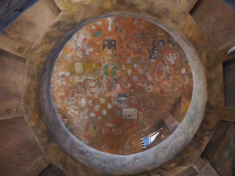 Grand Canyon, Arizona (AZ): Desert View Watchtower: ceiling (painted by Fred Kabotie) and parapet decoration