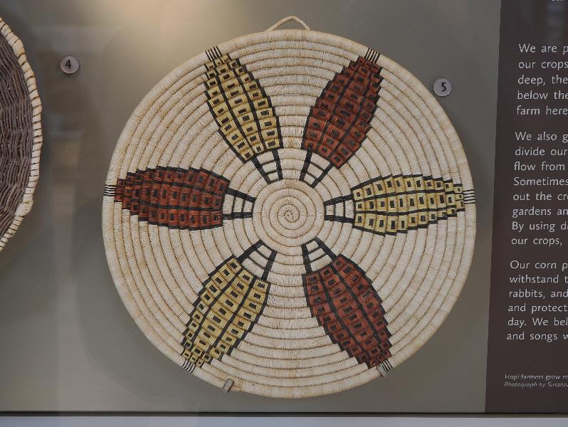 Flagstaff, Arizona (AZ): Museum of Northern Arizona: Poota (coiled plaque basket) (20th century, corn design) (yucca weft and galleta grass foundation)
