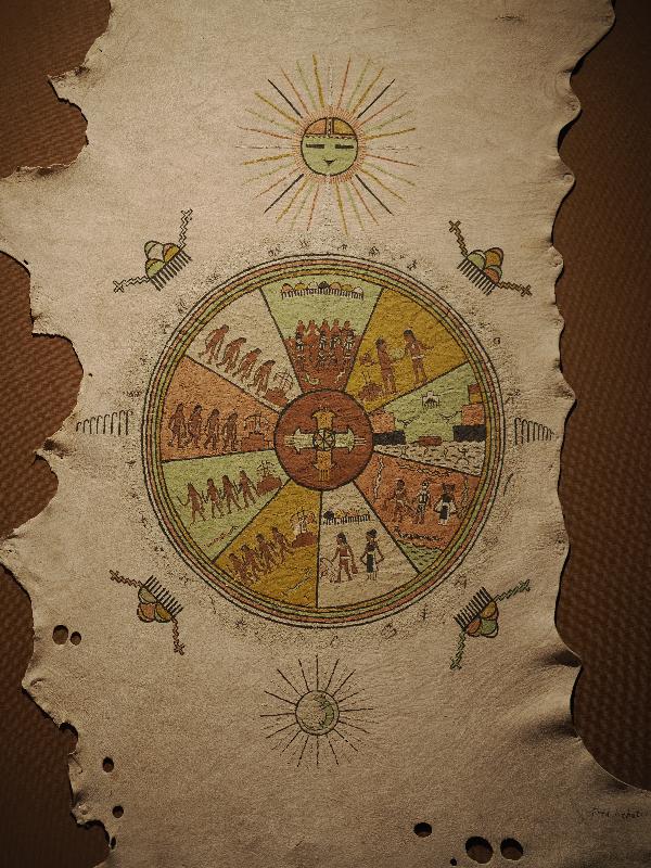 Flagstaff, Arizona (AZ): Museum of Northern Arizona: Birth of the Hopi Snake Dance (ca. 1929, Fred Kabotie, Hopi) (deer hide, paint)