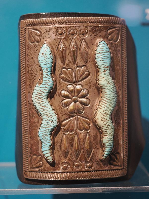 Flagstaff, Arizona (AZ): Museum of Northern Arizona: bow guard (1950s), snake design (stamped silver, turquoise)