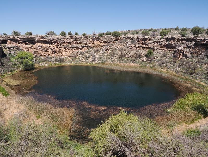 Rimrock, Arizona (AZ): Montezuma Well: view of water and dwellings