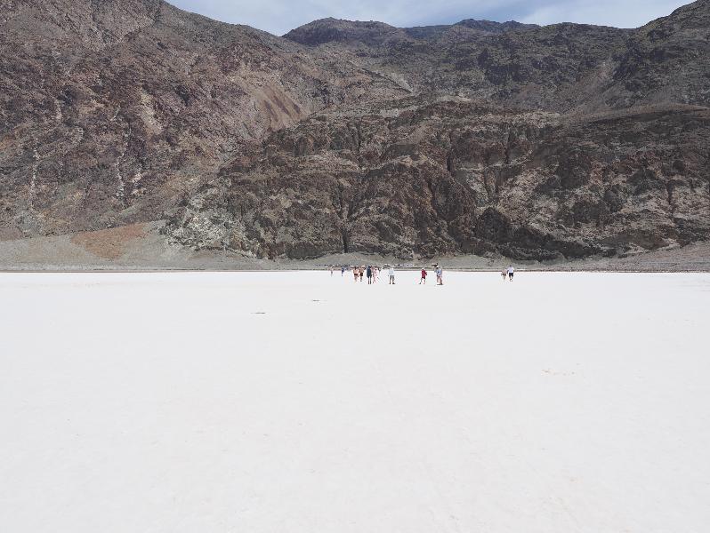 Death Valley National Park, California (CA): Badwater Basin: view back towards car park (and Dante's View)
