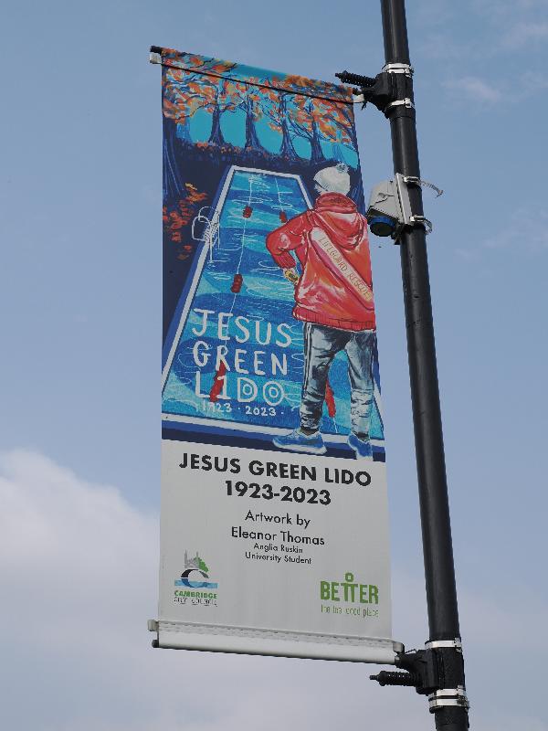 Cambridge, England: Jesus Green: banner for Jesus Green Lido, 1923-2023 (Eleanor Thomas)