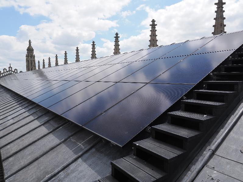 Cambridge, England: King's College: solar panels on chapel roof
