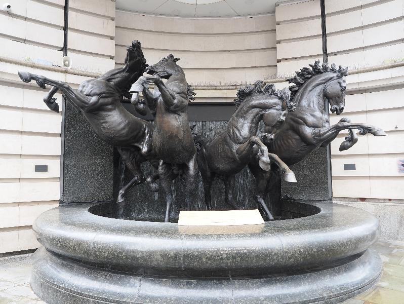 London, England: Haymarket and Coventry Street: Horses of Helios (1992, Rudy Weller)