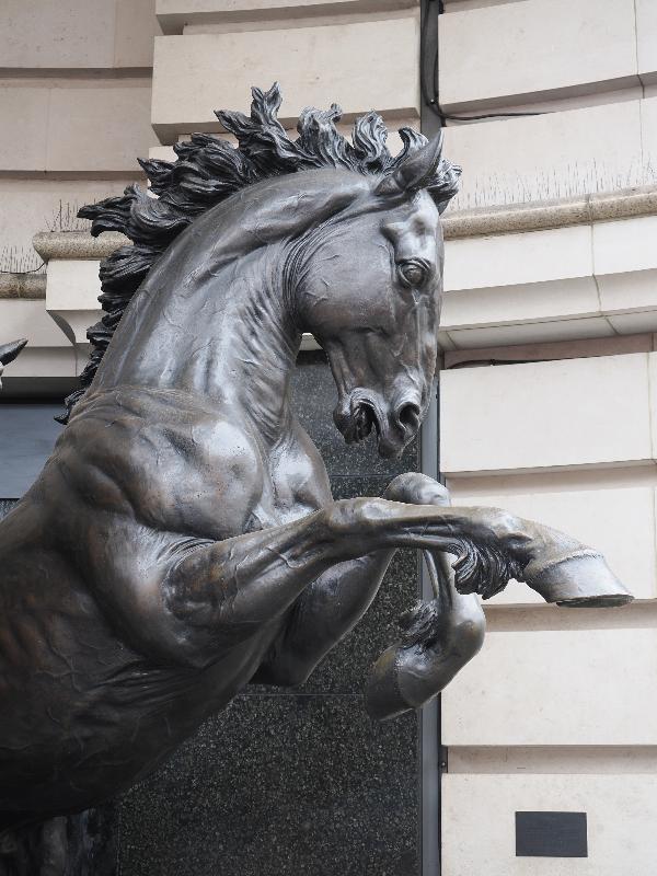 London, England: Haymarket and Coventry Street: Horses of Helios (1992, Rudy Weller), detail
