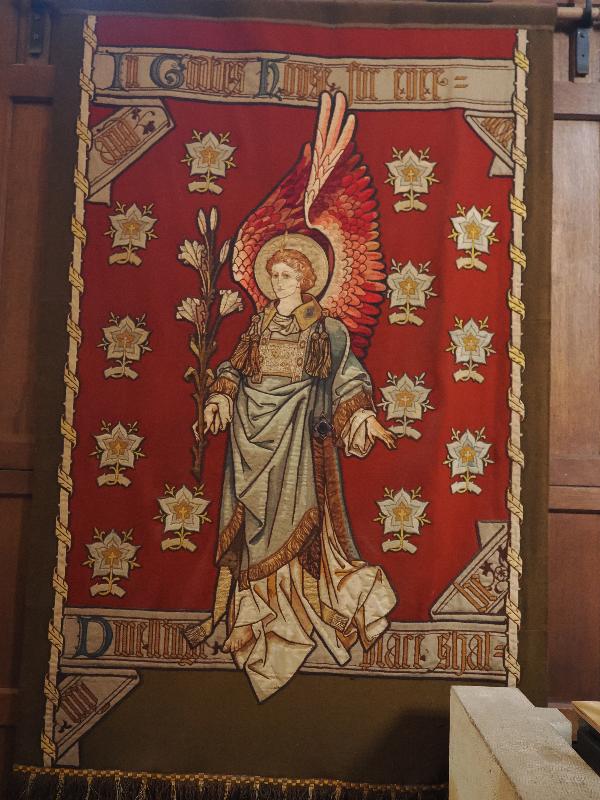 London, England: Southwark Cathedral: angel tapestry (possibly designed by G.F. Bodley)