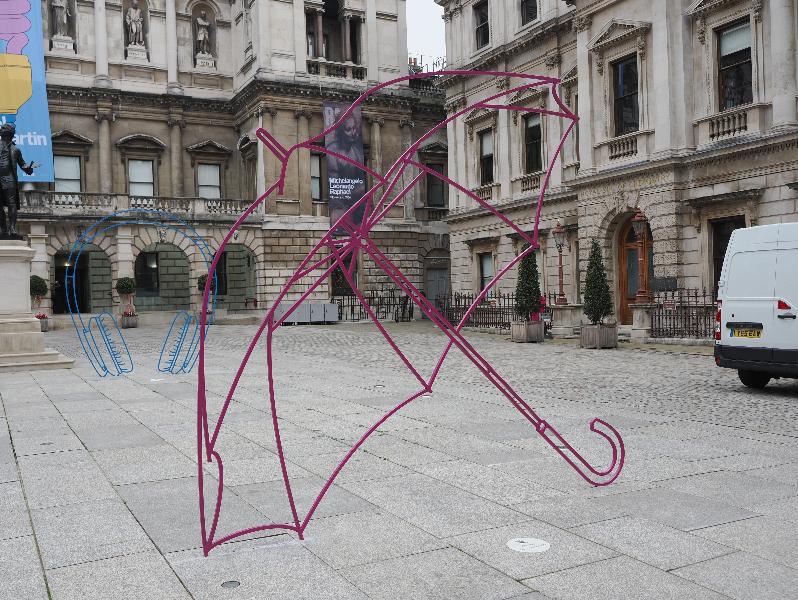 London, England: Royal Academy: Umbrella and Headphones (2024 and 2020, Michael Craig-Martin)