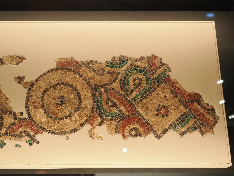 London, England: British Museum: fragment of mosaic floor (AD 723-743, from the main room of Qusayr Amra, Jordan)