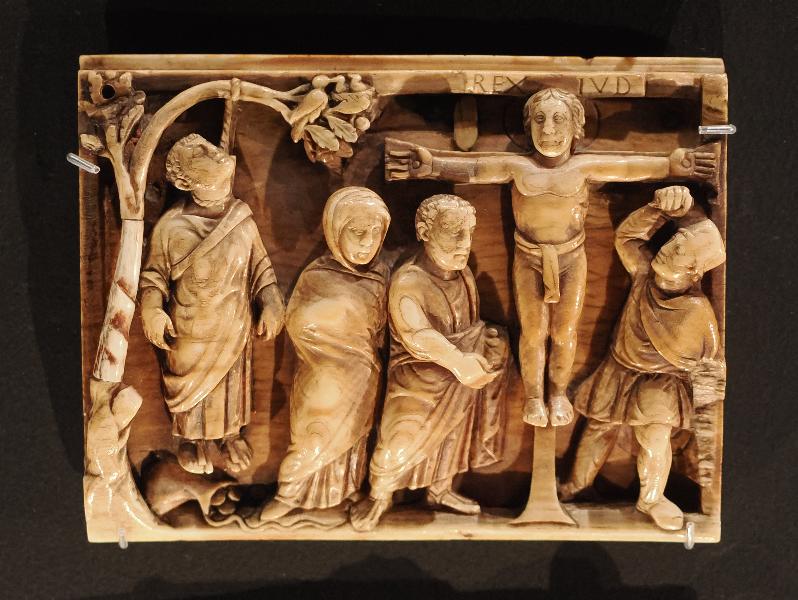 London, England: British Museum: ivory casket panel, Death of Judas and the Crucifixion (about AD 420-430, Rome, Italy)