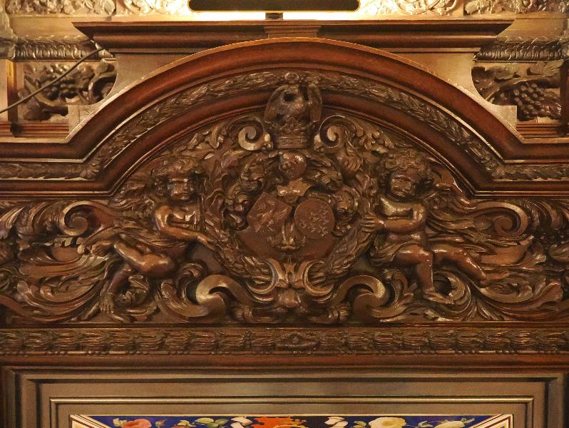 Oxburgh Estate, England: Oxburgh Hall, Dining Room: fireplace, detail
