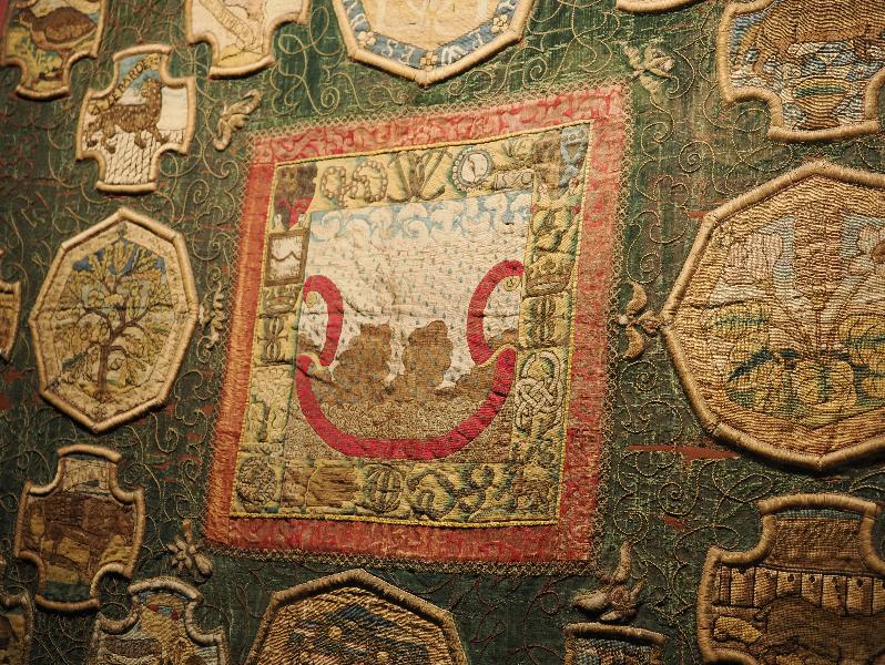 Oxburgh Estate, England: Oxburgh Hall, Marian Hangings Room: Oxburgh Hanging, detail (1569-1584, Mary, Queen of Scots, and Elizabeth, Countess of Shrewsbury)