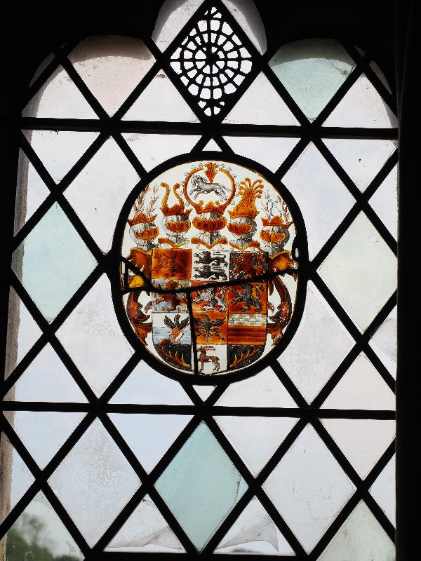 Oxburgh Estate, England: Oxburgh Hall, King's Room: window, shields
