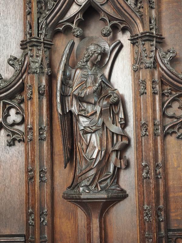 Cambridge, England: Little St Mary's Church: reredos, angel