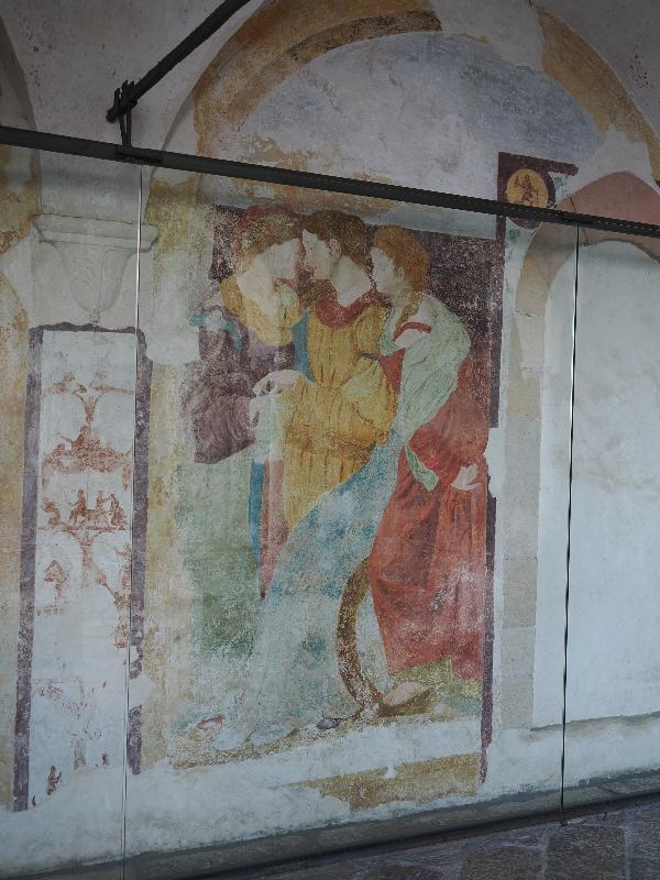 Santa Caterina del Sasso, Italy: hermitage: wall painting of Saint Lucy, Saint Mary Magdalene and Saint Catherine of Alexandria