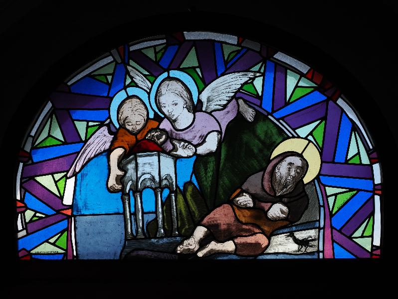 Santa Caterina del Sasso, Italy: chapel: some saint and angels (1986, designed by Richino C, made by Vetrate Artistiche Grassi)